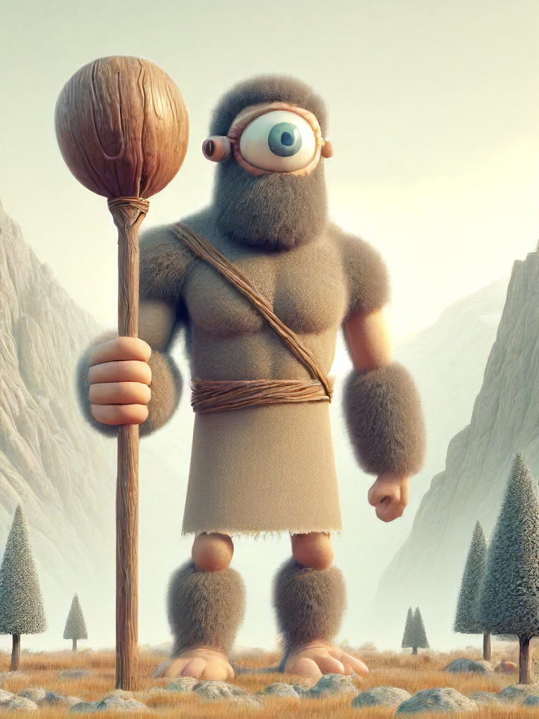 cyclops, one eye, holding, standing, outdoors, sky, day, tree, no humans, staff, monster, mountain, holding staff, giant, one-eyed <lora:cyclopes:1>