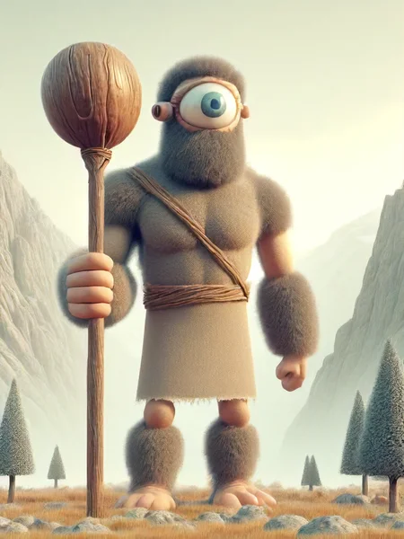 cyclops, one eye, holding, standing, outdoors, sky, day, tree, no humans, staff, monster, mountain, holding staff, giant, one-eyed <lora:cyclopes:1>