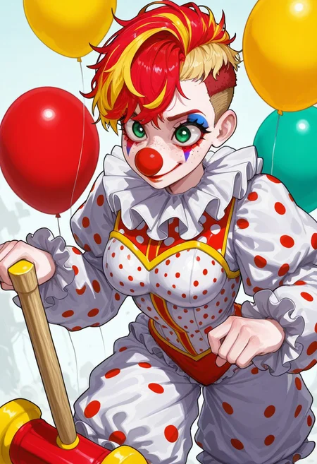 Pst,
1girl, solo, short hair,red hair, blonde hair, undercut,multicolored hair, frilled white armor, polka dot armor, green eyes, big eyes:1.2, freckles:2.0,
medium breasts,atlethic body,
clown, clown clothes, frilled onesie ,epic colors, giant hammer, red nose, red balloon, yellow balloon,rubber hammer,
,solo