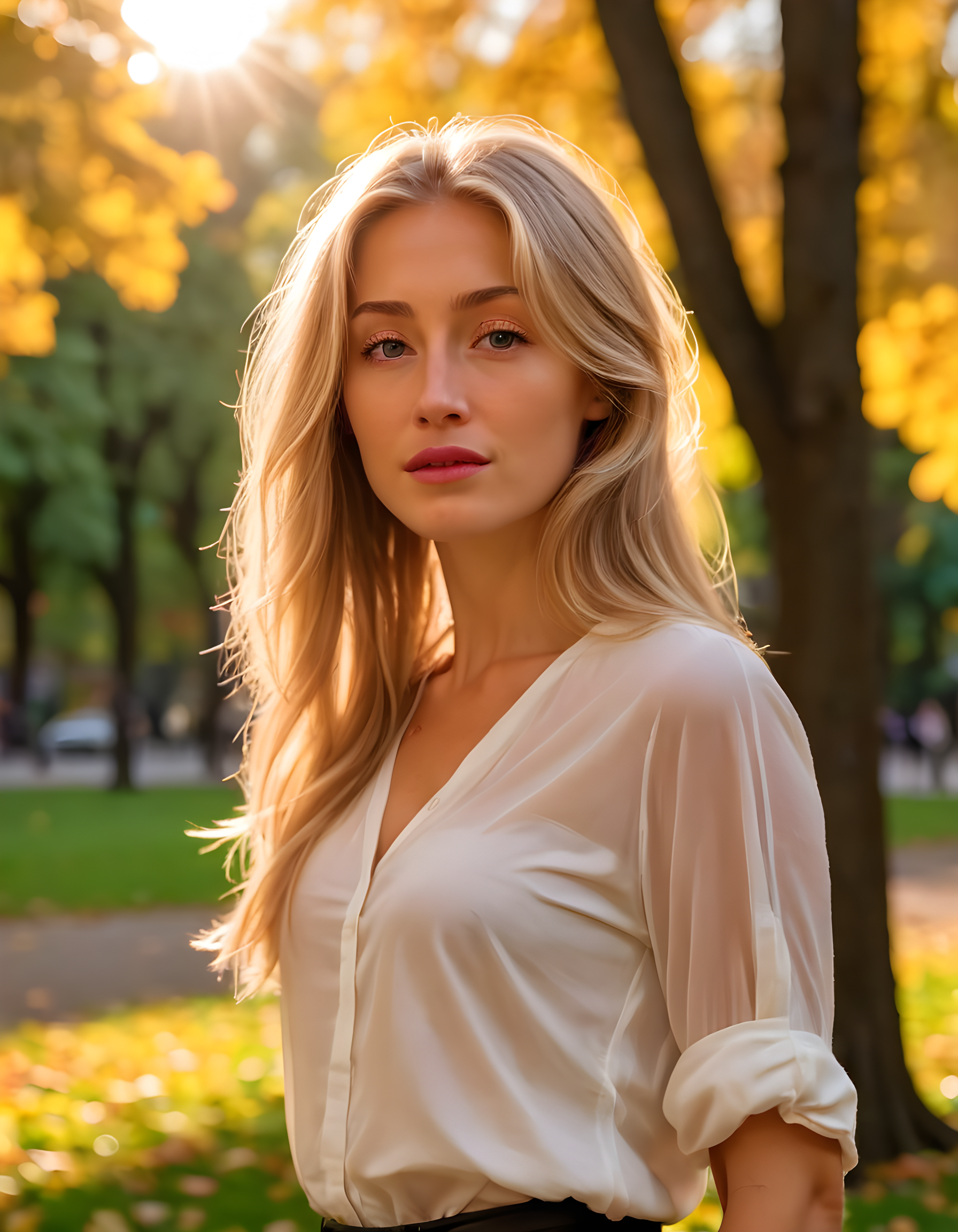 In a bustling city park under the warm, golden glow of setting sun, a stunning blonde woman named miacollinsss stands alone, her radiant features softened by parted lips and a blurry focus. She is dressed casually in a white shirt, the sleeves rolled up to reveal toned arms, with her long, flowing hair catching the last rays of sunlight as she gazes introspectively into the distance, the simple background revealing only the lush greenery and vibrant autumn colors of the surrounding trees. The camera is positioned slightly above, capturing a slight tilt of her head and a hint of melancholy in her expression, creating an enigmatic and evocative image that draws the viewer into her world.