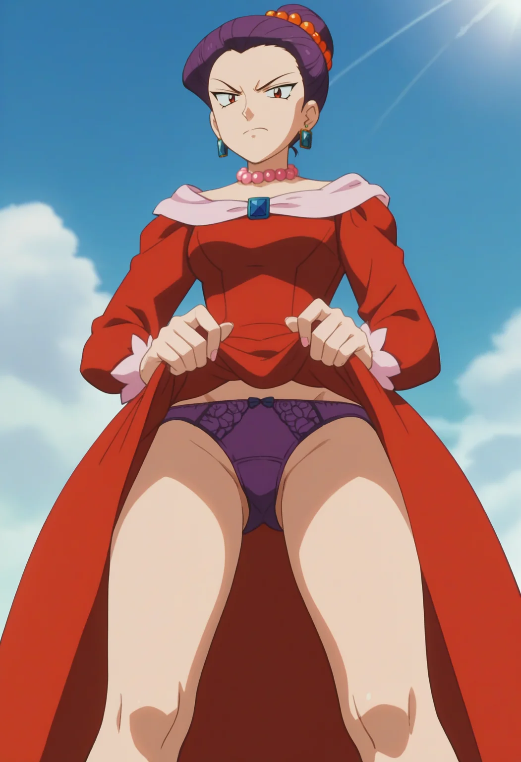 score_9, score_8_up, score_7_up, score_6_up, anime screencap, anime coloring, <lora:PMJM_epoch_10:0.7>, PMJM, red eyes, purple hair, short hair, single hair bun, earrings, orange hair bobbles, aged up,
pink pearl necklace, long dress, red dress, long sleeves, high heels,
disgust, looking at viewer, closed mouth, standing, dress lift, from below, purple lingerie, purple panties, ass visible through thighs,
BREAK day, sunlight, blue sky,