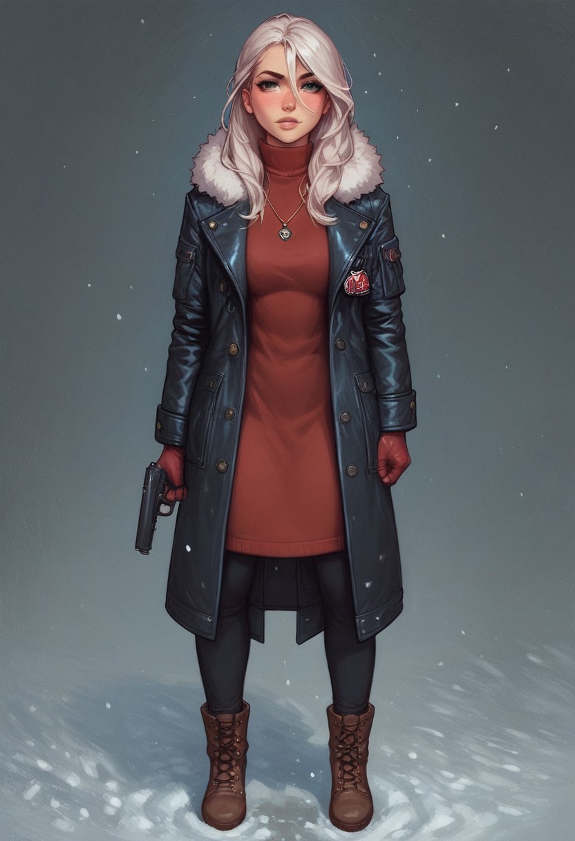 score_9, score_8_up, score_7_up, BREAK,
1 girl, portrait, winter jacket with fur hood, long hair, winter, snowfall, 1girl solo, white hair, looking at viewer, bangs, day, blue sky, hair between eyes, outdoors, blush dramatic lights, relax, ((long big pistol in hands, handgun in hands)) 
(((full-clothed))),
BREAK 
strange world background score_9, score_8_up, score_7_up, score_6_up, source_cartoon, rating_explicit, Expressiveh, (((((full body))))), dynamic pose