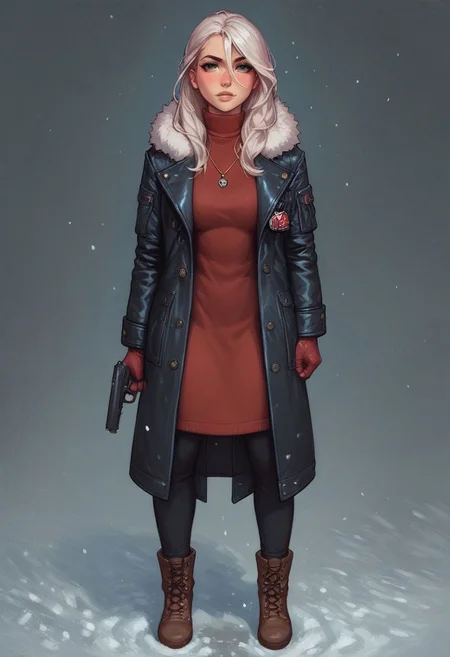 score_9, score_8_up, score_7_up, BREAK,
1 girl, portrait, winter jacket with fur hood, long hair, winter, snowfall, 1girl solo, white hair, looking at viewer, bangs, day, blue sky, hair between eyes, outdoors, blush dramatic lights, relax, ((long big pistol in hands, handgun in hands))
(((full-clothed))),
BREAK
strange world background score_9, score_8_up, score_7_up, score_6_up, source_cartoon, rating_explicit, Expressiveh, (((((full body))))), dynamic pose