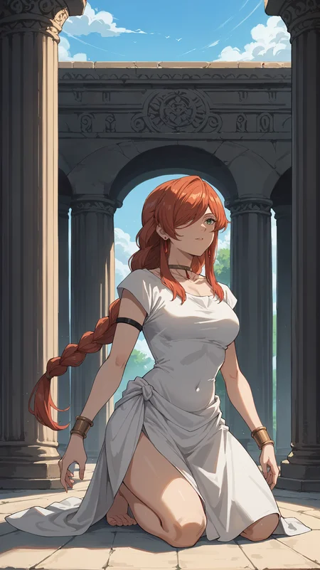 score_9,score_8_up,score_7_up,score_6_up, <lora:xl_more_art-full_v1:0.5>, source_anime, woman, dynamic pose, kneeling, <lora:Flamme - Pony-000004:0.8>, long hair, red hair, single braid, long braid, hair over one eye, green eyes, necklace, red earrings, white dress, white robe, ancient greek clothes, short sleeves, bracelet, black armlet, pillars, greek architecture,