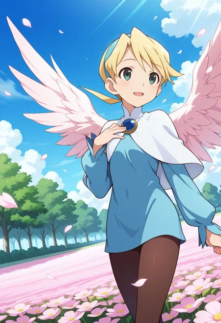 flower field, trees, outdoor, clouds, day, floating petals, pink flowers,
cowboy shot, light smile, dynamic angle, open mouth, hand on chest,
BREAK,
<lora:nina4_illustriousXL_v01:1>
nina4def, blonde hair, short hair, green eyes, angel wings,
white capelet, blue dress, long sleeves,
pantyhose,, source_anime, very aesthetic, anime coloring, masterpiece, official art,
best quality, amazing quality, ultra detailed, very aesthetic,
detailed background,
BREAK,