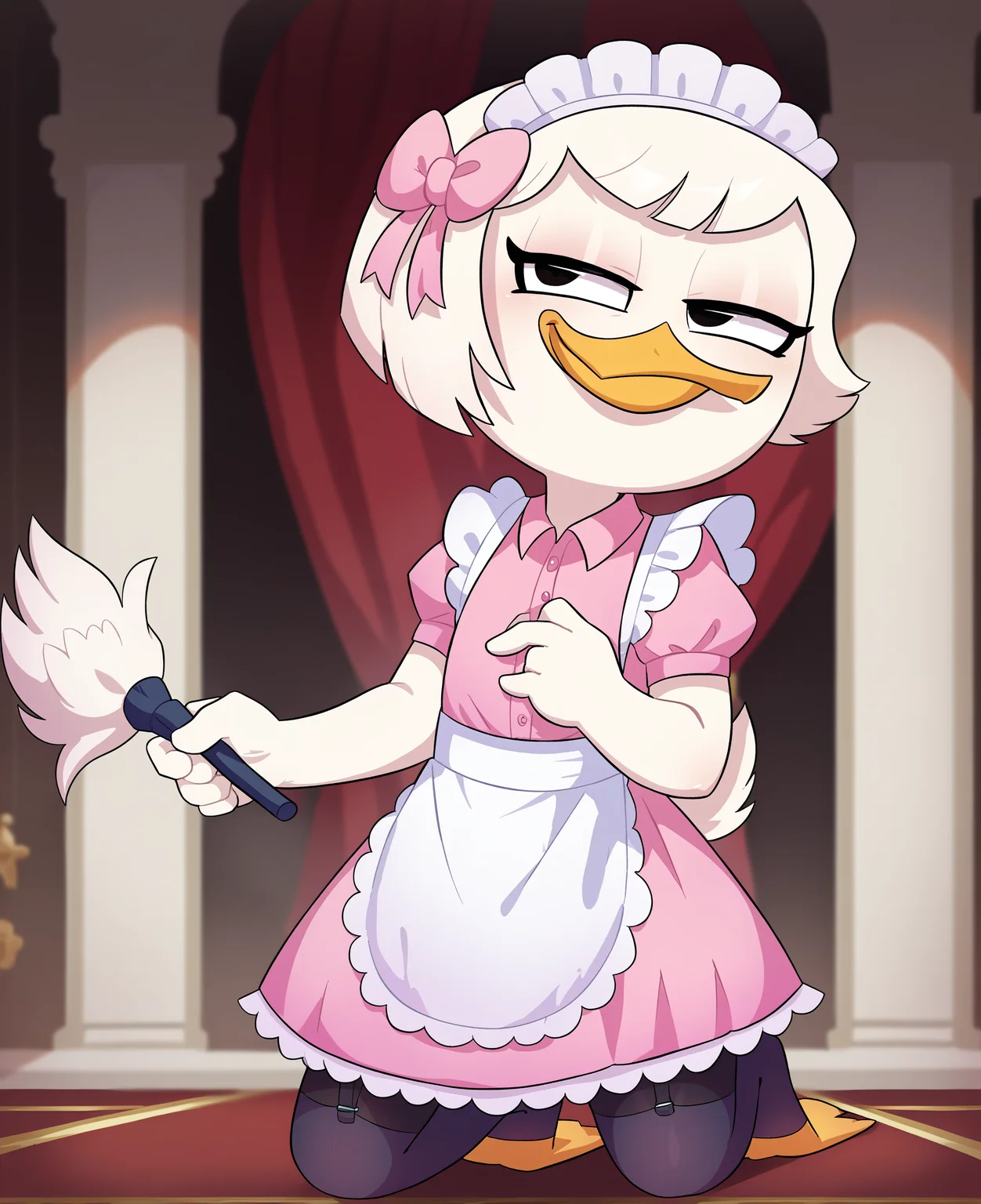 score_9, score_8_up, score_7_up, score_6_up, best quality, highres, source_furry, BREAK
by mizumizuni BREAK
1girl, solo , furry, mansion, inside, female, duck, beak, webby vanderquack, young, child, white skin, white hair, short hair, black eyes, garter straps, pantyhose, toeless legwear,  maid uniform, maid headdress, maid apron, frilly, feather duster, pink clothing  (smug) <lora:ponyxl-mizumizuni-style-v03:0.7> <lora:Webby_Vanderquack:1>