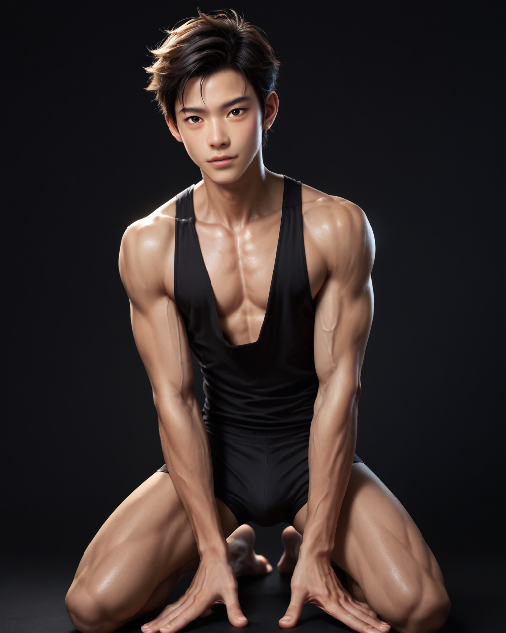 score_9, score_8_up, score_7_up, score_6_up, score_5_up, score_4_up, rating_questionable, 
<lora:homri52:1>,
intricately detailed, photo studio with black backdrop, black background,
1boy(human, glistening skin, handsome, sexy, seductive, posing, looking at the viewer, friendly expression, kneeling,
asian, black hair, 
twink, slender, 
tight posing slip),
depth of field, 
<lora:xl_more_art-full_v1:0.4>,
<lora:add-detail-xl:0.4>