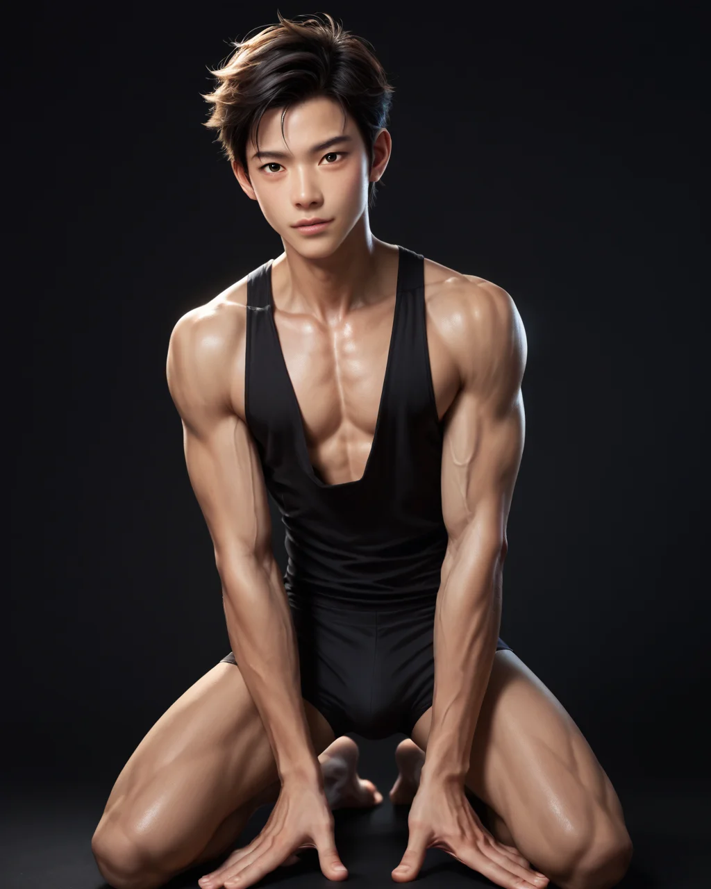 score_9, score_8_up, score_7_up, score_6_up, score_5_up, score_4_up, rating_questionable,
<lora:homri52:1>,
intricately detailed, photo studio with black backdrop, black background,
1boy(human, glistening skin, handsome, sexy, seductive, posing, looking at the viewer, friendly expression, kneeling,
asian, black hair,
twink, slender,
tight posing slip),
depth of field,
<lora:xl_more_art-full_v1:0.4>,
<lora:add-detail-xl:0.4>