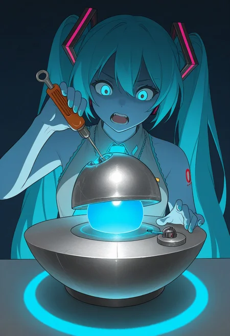 (hatsune miku):1.3),
(1girl, solo, serious, mouth, open teeth, dumb face),
((demon_core, meme_demon_core, meme, single screwdriver, holding screwdriver, screwdriver inside demon_core, blue light, blue radiation, ):1.3),
(score_9, score_8_up, score_7_up, score_6_up, masterpiece, best quality, newest, amazing quality, highres, enhanced colors, colored shadows, smooth edges, dynamic angle, wide shot, blending)