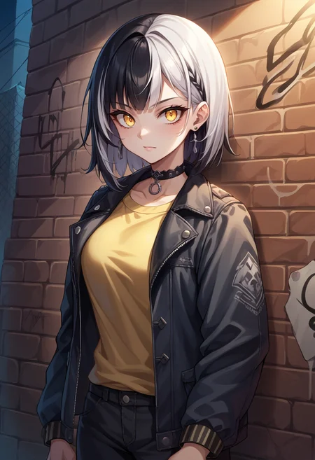 score_9, score_8_up, score_7_up, source_anime, 1girl, solo, ShioriNovella, split-color hair, white hair, black hair, yellow eyes, medium hair, earrings, sharp eyes, choker, neon shirt, open jacket, turtleneck sweater, night, against wall, brick wall, graffiti, dim lighting, alley, looking at viewer, <lora:ChamShioriNovella:1>