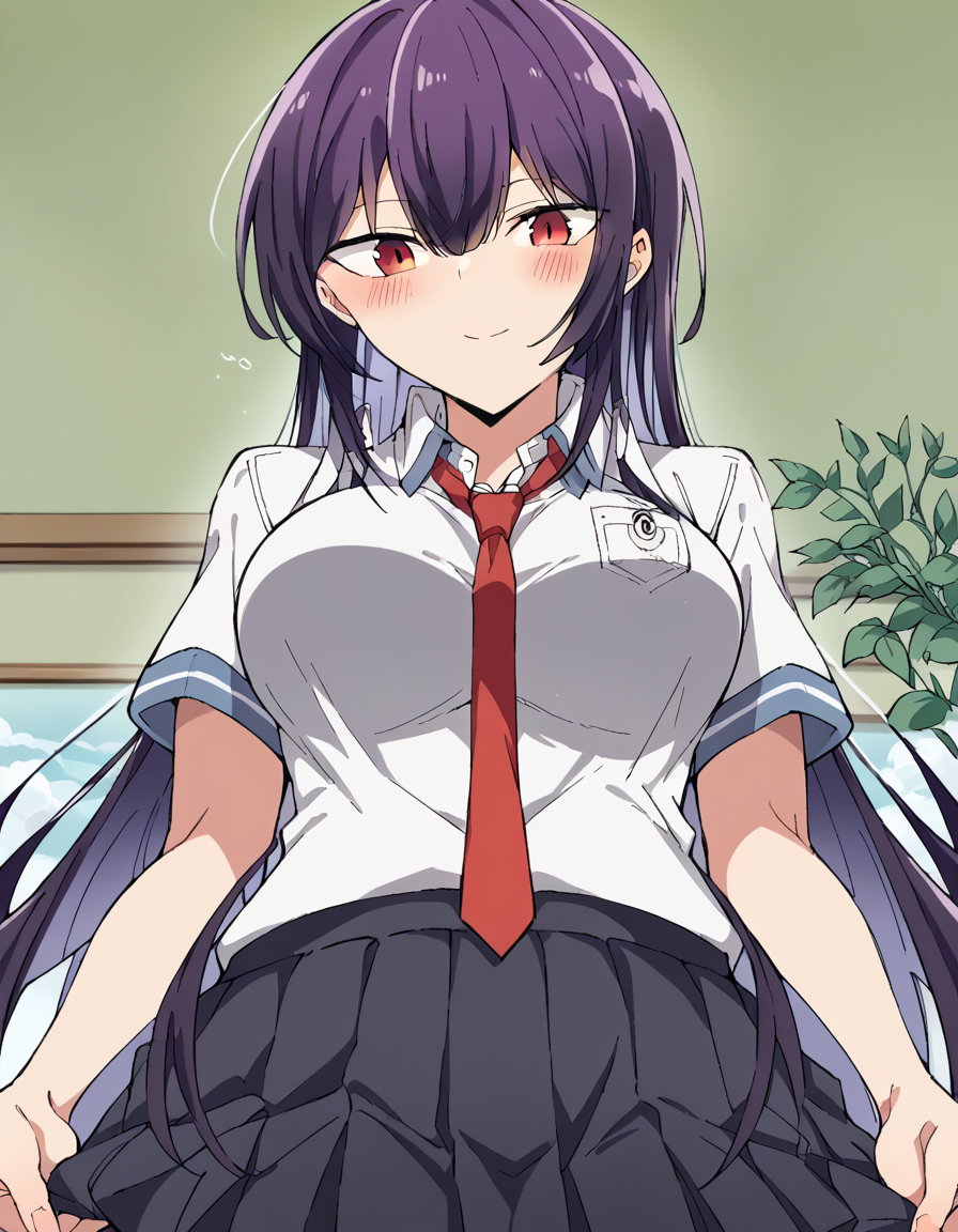 score_9, score_8_up, score_7_up, source_anime, <lora:takane-takamine-trailer-ponyxl-lora-nochekaiser:1>, takane takamine, long hair, red eyes, purple hair, large breasts, bangs, very long hair, hair between eyes, skirt, necktie, red necktie, school uniform, shirt, white shirt, pleated skirt, short sleeves, collared shirt, black skirt, miniskirt,, floating island, sky, clouds, greenery, magical, , <lora:lap-pov-ponyxl-lora-nochekaiser:1>, lap pov, lap pillow, from below, ceiling, looking down, pov, blush, smile,, looking at viewer, solo,, dutch angle, cowboy shot
