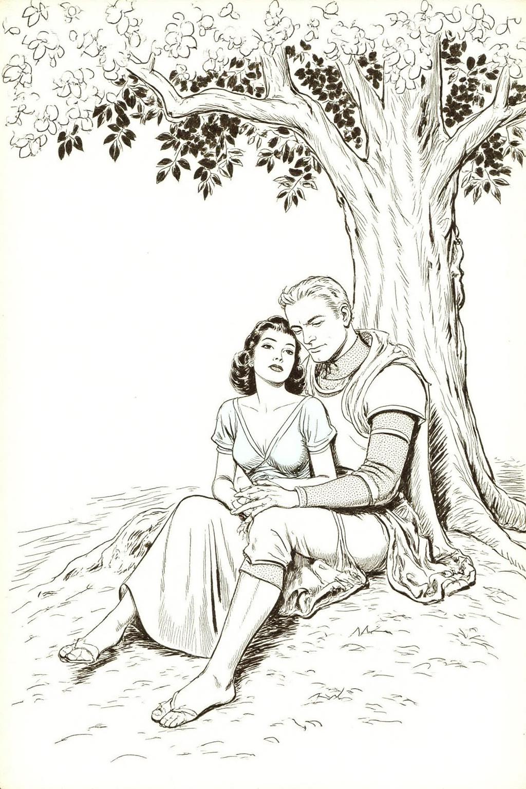 alexray1 drawing.
A blonde knight and a lady sitting under a tree. The lady has dark hair and is wearing a blue dress. The knight is sleeping with his head on the leg of the lady 
 <lora:alexray1_nocap_d6a3:1.0><lora:815519212102494127:0>