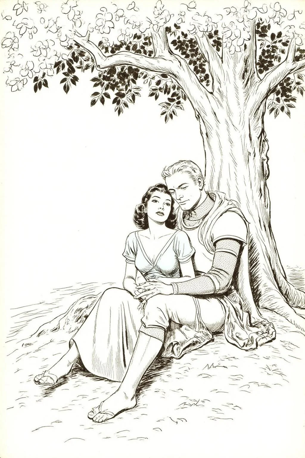 alexray1 drawing.
A blonde knight and a lady sitting under a tree. The lady has dark hair and is wearing a blue dress. The knight is sleeping with his head on the leg of the lady
<lora:alexray1_nocap_d6a3:1.0><lora:815519212102494127:0>