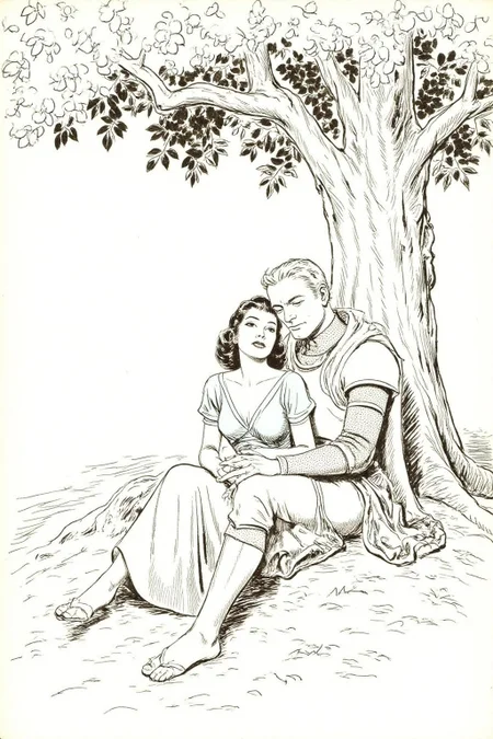 alexray1 drawing.
A blonde knight and a lady sitting under a tree. The lady has dark hair and is wearing a blue dress. The knight is sleeping with his head on the leg of the lady
<lora:alexray1_nocap_d6a3:1.0><lora:815519212102494127:0>