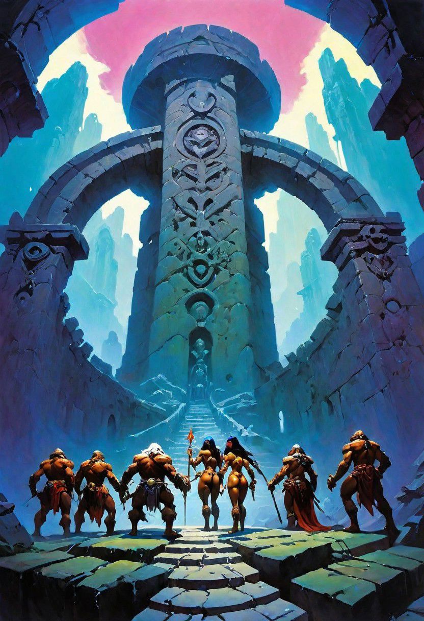 Fantasy painting, masterpiece by frank frazetta, androgynous, dungeon _party, group, muscular, fetish, fantasy masterpiece, a party of beautiful adventurers exploring an ancient dungeon, cyberpunk, vaporwave, arcane ruins, nsfwEM
