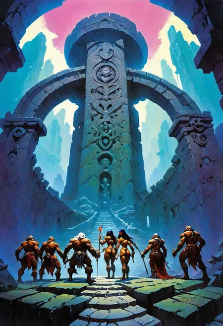 Fantasy painting, masterpiece by frank frazetta, androgynous, dungeon _party, group, muscular, fetish, fantasy masterpiece, a party of beautiful adventurers exploring an ancient dungeon, cyberpunk, vaporwave, arcane ruins, nsfwEM