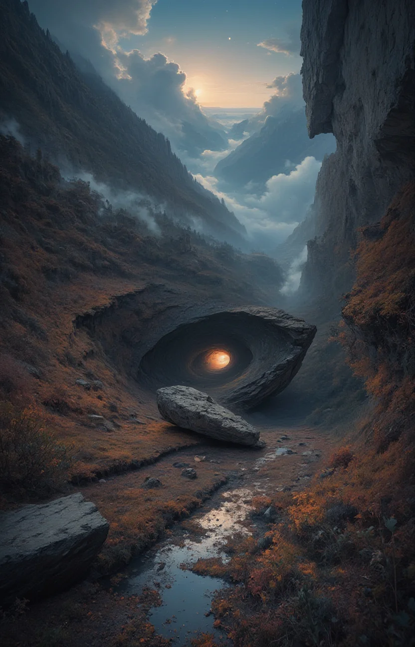 mountain landscape inside a black hole, gravitation,<lora:- Flux1 - impossible_geometry_V1.0:.8>