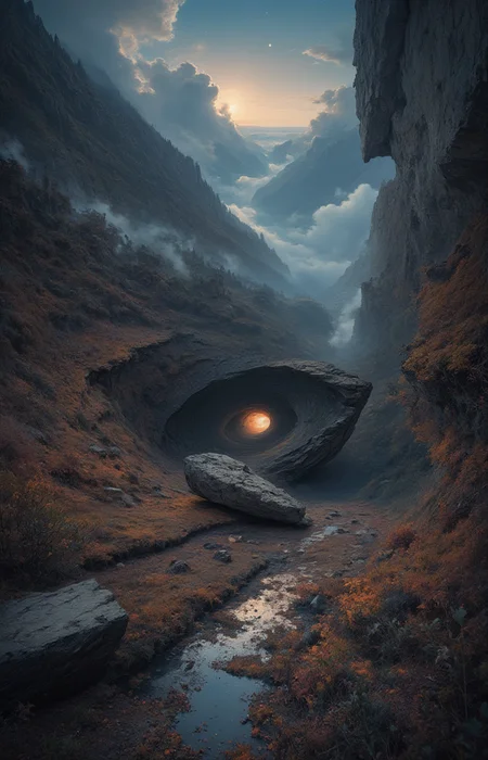 mountain landscape inside a black hole, gravitation,<lora:- Flux1 - impossible_geometry_V1.0:.8>