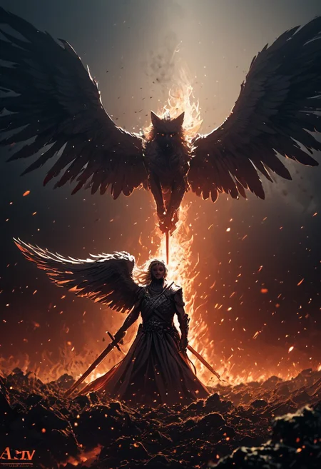 1 male angel, beautiful white hair, blood-soaked wings, exhausted, bleeding, feathered wings, holding a sword, angel wings, white wings, broken armor, male angel, facing forward, fighting against snarling helldogs, multiple helldogs, fiery landscape, embers, smoke, dark background, dramatic lighting, last stand, battle, despair, bloody embers, fierce face, one arm missing, heavy bleeding from one shoulder
AngelicStyle, CINE, concept art, realistic,
