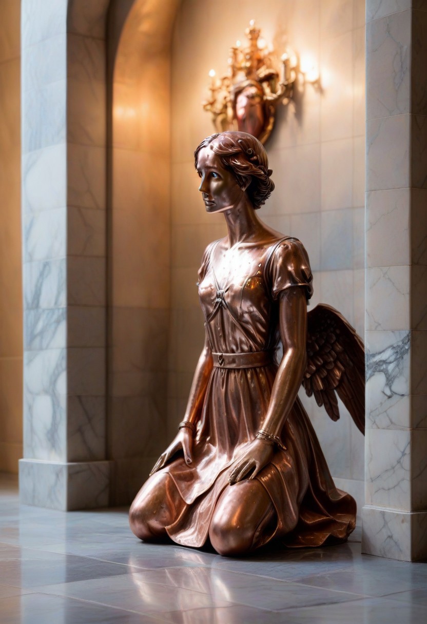 a copper statue portraying a kneeling and weeping angel, bleak, hopeless, depressing, enshrined in an alcove, marble church background
BREAK
CivChan
