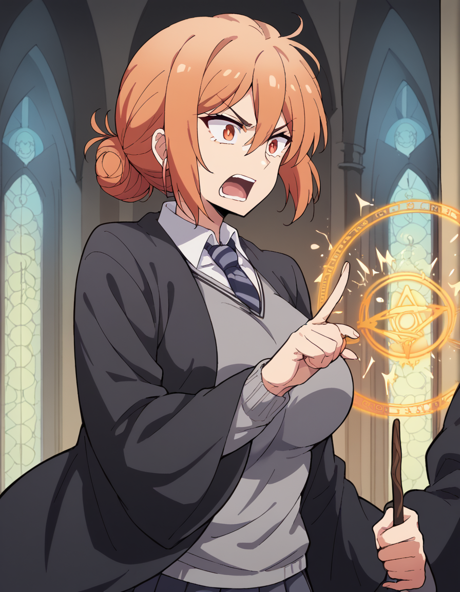 score_9, score_8_up, score_7_up, source_anime, <lora:mother-yuigahama-s2s3-ponyxl-lora-nochekaiser:1>, yuigahamama, hair bun, mature female, orange eyes, orange hair, short hair, single hair bun, hair between eyes, sidelocks, large breasts, <lora:hogwarts-school-uniform-ponyxl-lora-nochekaiser:1> hogwarts school uniform, black robe, holding wand, wand, necktie, striped necktie, collared shirt, sweater, pleated skirt, grey sweater,, open mouth, casting spell, energy, magic circle, glowing, indoors, castle, shouting, angry,, cowboy shot,