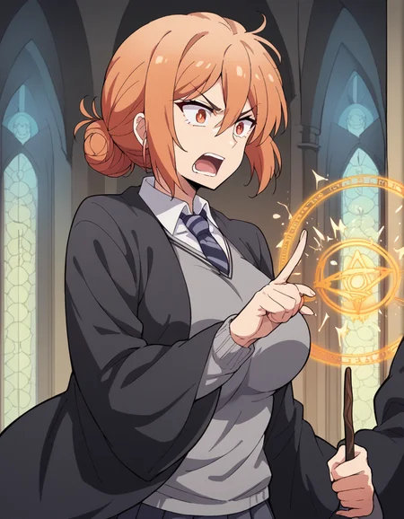 score_9, score_8_up, score_7_up, source_anime, <lora:mother-yuigahama-s2s3-ponyxl-lora-nochekaiser:1>, yuigahamama, hair bun, mature female, orange eyes, orange hair, short hair, single hair bun, hair between eyes, sidelocks, large breasts, <lora:hogwarts-school-uniform-ponyxl-lora-nochekaiser:1> hogwarts school uniform, black robe, holding wand, wand, necktie, striped necktie, collared shirt, sweater, pleated skirt, grey sweater,, open mouth, casting spell, energy, magic circle, glowing, indoors, castle, shouting, angry,, cowboy shot,