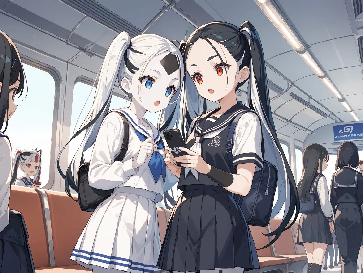 score_max, (score_9, score_8_up, score_7_up:1.2), score_6_up, official art, source_anime,
anime screencap, masterpiece, absurdres, high detail, 8k,
train, sunset, over 5girls multiple girls, girls crowd, cowboy shot,
standing, holding smartphone, looking down, expressionless, open mouth, :d,
nymph, (white skin:1.4), twintails, long hair, two-tone hair, white hair, black hair, forehead, bodypaint, striped, serafuku,
<lora:XL_Pony_MGCM-nymph-t1:1.2>