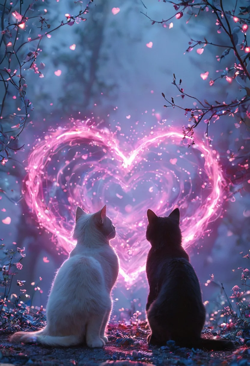 photograph of two cats sitting on a tree branch, facing each other in an intimate and harmonious pose. The left cat is black, while the right cat is white, creating a striking contrast. They are surrounded by delicate, blooming branches with small flowers, adding a serene and romantic atmosphere. The background is softly blurred, focusing the viewer's attention on the cats and their interaction. The lighting is soft, emphasizing the texture of their fur and the gentle ambiance of the scene. <lora:Anime v1.3:1.2> <lora:Blue_Future:0.9> <lora:Ethereal Brush Anime v2.0:0.6> <lora:It's a LoRA for portraits, BUT! actually specialized in backgrounds. v1.0:0.2>,pink heart in front of them, ethereal glowing swirls, mystical light particles, dreamy atmosphere, vibrant neon mist, twilight city street, hyper-detailed fabric texture, soft illuminated fog, cinematic soft lighting, glowing blue and magenta hues, fantasy realism, enchanted night