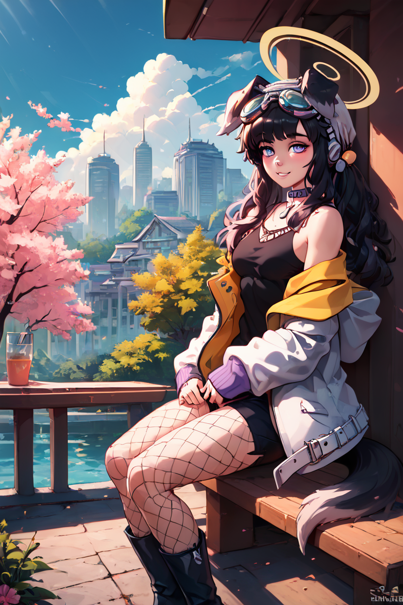 score_9, score_8_up, score_8, medium breasts, (curvy), cute, eyelashes,       BREAK, , ,,, zzHibiki, yellow eyes, black hair, long hair, animal ears, dog ears, dog tail, halo, (black shirt), white jacket, open jacket, black shorts, boots, fishnet pantyhose, off-shoulder, dog tags, purple eyes, <lora:Hibiki_BlueArchive_PDXL_v2:0.8>,   ,,,, BREAK, sitting on bench, side view, smile, looking at viewer, cowboy shot,  ,,, BREAK, pnkBldng, sky, day, cloud, tree, blue sky, building, architecture, east asian architecture,  ,,, BREAK, embedding:zPDXL, Expressiveh,  ,,, <lora:PinkBuildingsPDXL_v2:0.6>, <lora:SDXLFaeTastic2400:0.5>, <lora:Expressive_H-000001:0.4>