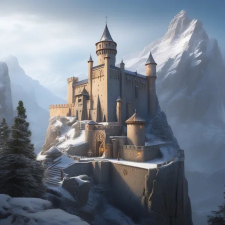 a castle on a (rock spire), battlement, Machicolations, a stairway to the keep, doorway, mountain in background, very wide shot, fantasy, atmospheric effects, snow, best quality, masterpiece, realistic, photo-realistic, amazing, finely detail, ultra-detailed, highres, extremely detailed, 8k wallpaper