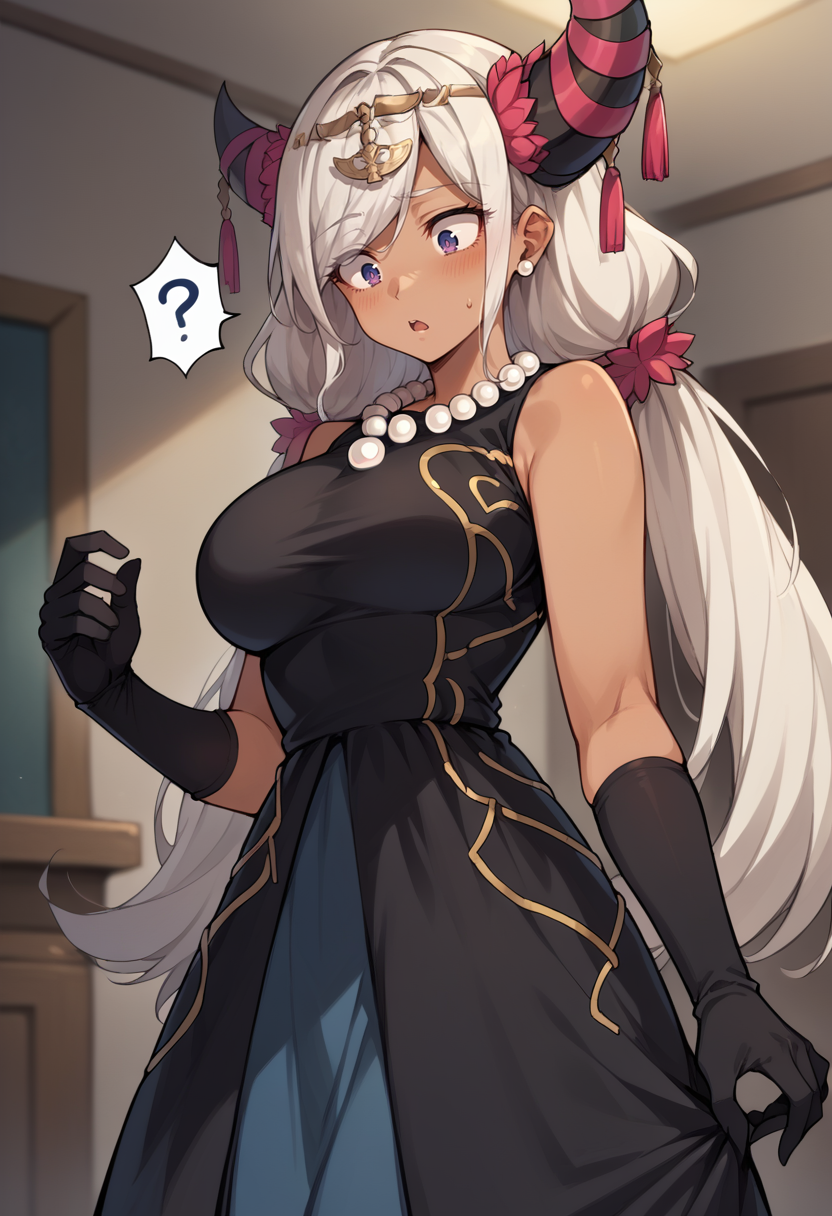 score_9, score_8_up, score_7_up, source_anime, 1girl, solo, cowboy shot, surprised, chestnut mouth, !?, looking down, skirt hold, BREAK  <lora:ZephiaFE-pdxl:1> casZel, dark skin, purple eyes, blue eyes, multicolored eyes, long hair, twintails, horns, red horn ornament, pearl necklace, large breasts, black dress, bare shoulders, black elbow gloves, indoors