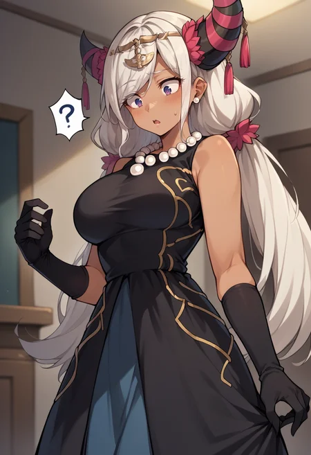 score_9, score_8_up, score_7_up, source_anime, 1girl, solo, cowboy shot, surprised, chestnut mouth, !?, looking down, skirt hold, BREAK <lora:ZephiaFE-pdxl:1> casZel, dark skin, purple eyes, blue eyes, multicolored eyes, long hair, twintails, horns, red horn ornament, pearl necklace, large breasts, black dress, bare shoulders, black elbow gloves, indoors