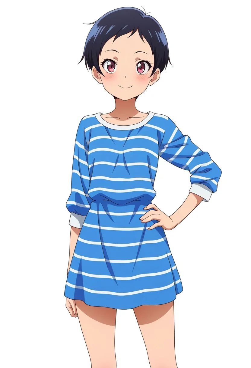 masterpiece, best quality, amazing quality, anime coloring, anime screencap, 1girl, solo, very short hair, black hair, smile, hand on own hip, simple background, white background, striped dress,