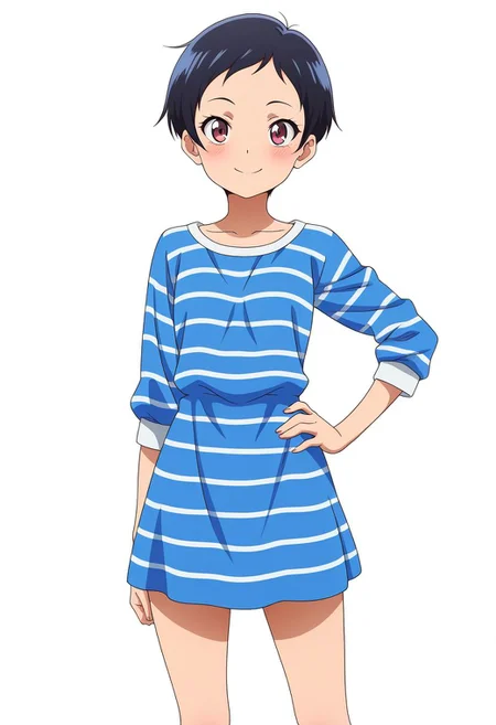 masterpiece, best quality, amazing quality, anime coloring, anime screencap, 1girl, solo, very short hair, black hair, smile, hand on own hip,  simple background, white background,  striped dress,