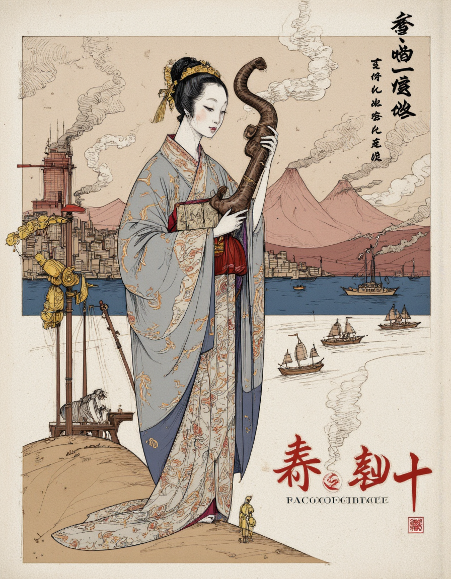 Art by Paco Gimenez. A detailed and colorful illustration of a woman in traditional japanese clothing, standing in the middle of the image, with a serene expression. she is wearing a kimono with intricate patterns and a long, flowing garment that accentuates her figure. her hair is styled in a bun with a hair ornament, and she is holding a large, ornate pipe in her right hand. her facial expression is serene, with her eyes closed and her mouth slightly open. in the background, there is a large body of water with several ships sailing by, and a distant cityscape with tall buildings and smokestacks emitting smoke. the scene is set against a backdrop of distant mountains and a cloudy sky, with the text "ææ¥­åè¨­è¨" written in chinese characters in the bottom right corner, adding a touch of elegance to the illustration.
