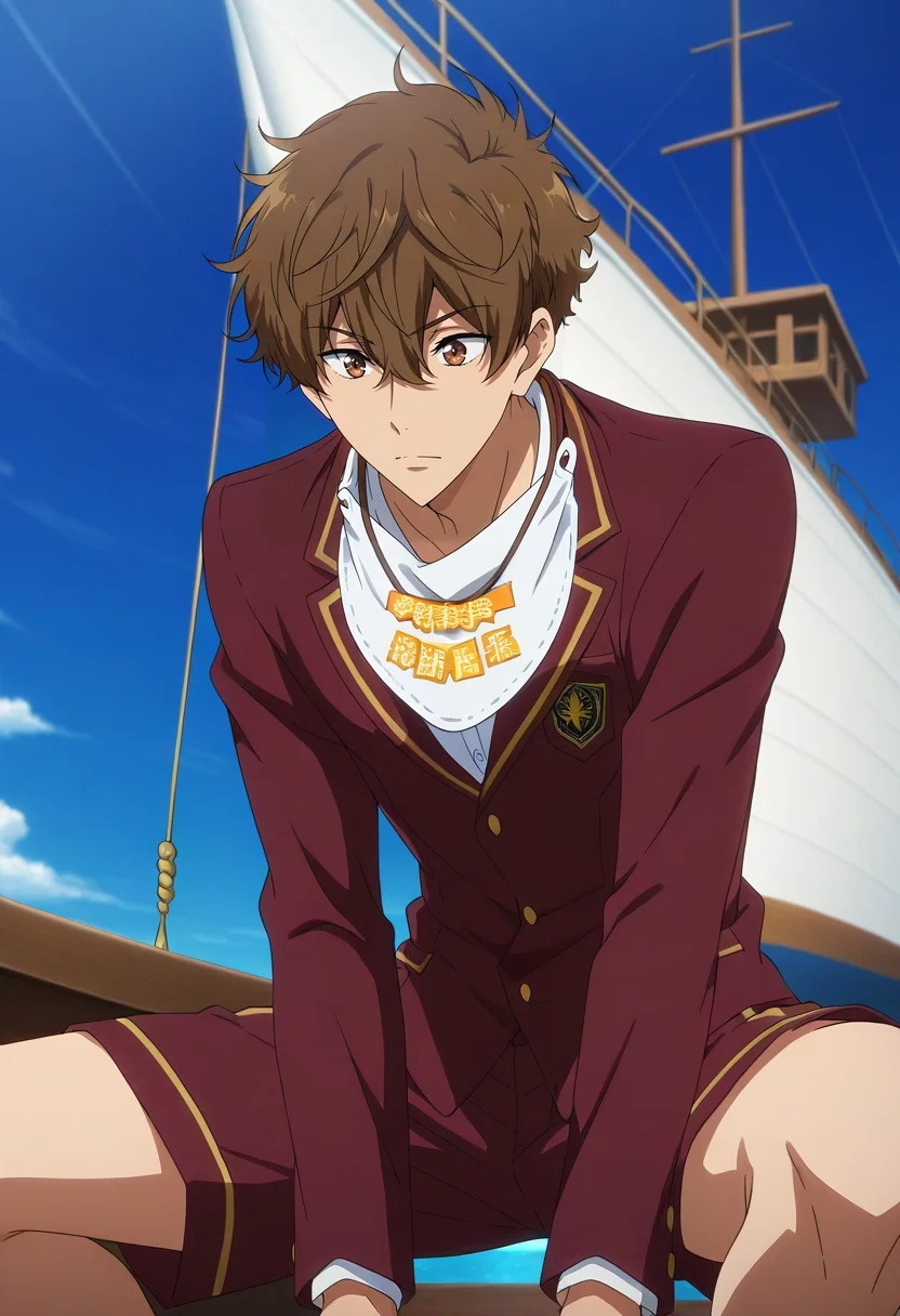 masterpiece, best quality, intricate details, anime screencap, anime coloring, , , 1boy, solo, male focus, <lora:natsuya_kirishima_ilxl:0.92>, natsuya_kirishima, brown hair, brown eyes, short hair, hair between eyes, bangs, wide angle, wide shot, cowboy shot, boat, ship, light, squatting, sparkling eyes, Tailored shorts, Blazer, , , Bib necklace