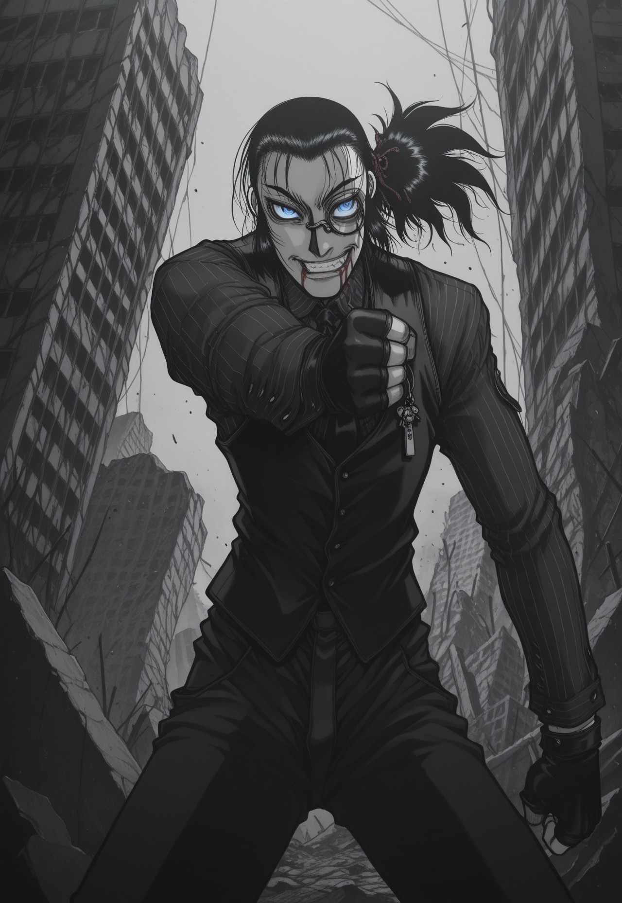 masterpiece, best quality, amazing quality, masterpiece, best quality, amazing quality, 1Boy, DarkWalter, blue eyes, black hair, back slicked ponytail, red hair ribbon, monocle, monocle over left eye, black tie, black vest, black pinstripe shirt, black pants, black fingerless gloves, keychain, standing. cowboy shot, dynamic pose, perspective, looking at viewer, angry, clenching teeth, ruins, blood on face, blood on mouth, evil smile,evil grin,crazy eyes, greyscale, monochrome,