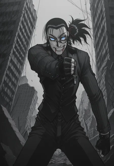 masterpiece, best quality, amazing quality, masterpiece, best quality, amazing quality, 1Boy, DarkWalter, blue eyes, black hair, back slicked ponytail, red hair ribbon, monocle, monocle over left eye, black tie, black vest, black pinstripe shirt, black pants, black fingerless gloves, keychain, standing. cowboy shot, dynamic pose, perspective, looking at viewer, angry, clenching teeth, ruins, blood on face, blood on mouth, evil smile,evil grin,crazy eyes, greyscale, monochrome,