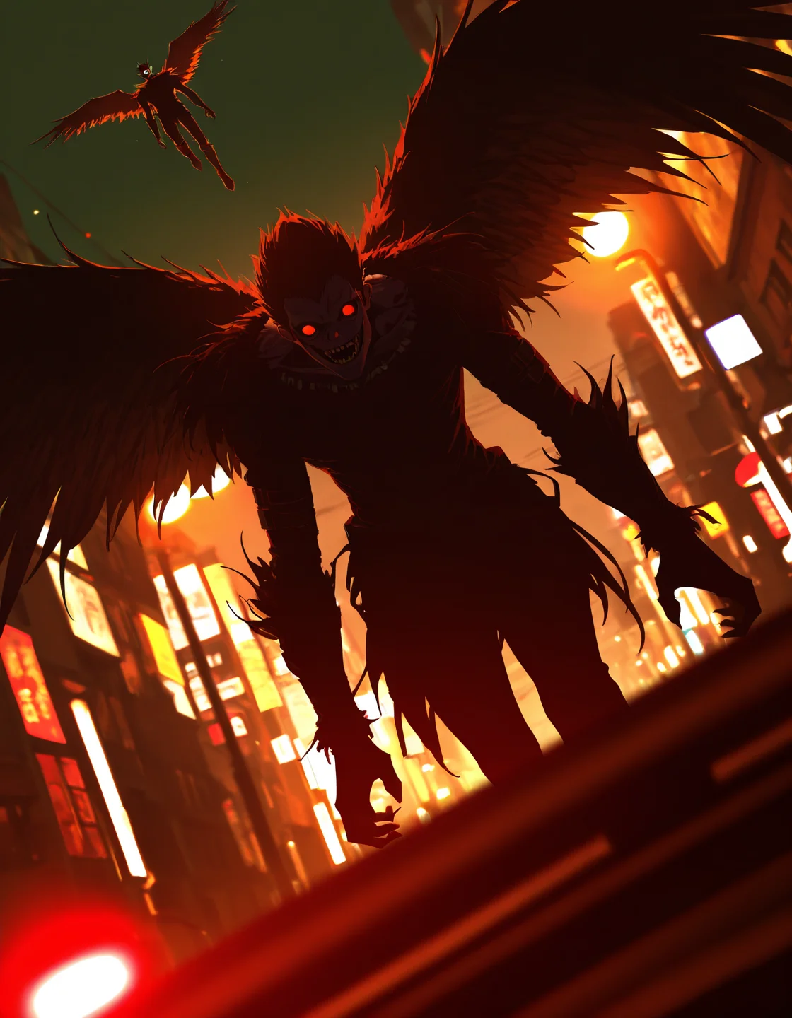 masterpiece, best quality, amazing quality, very aesthetic, absurdres, <lora:ryuk-death_note-IL-noob:1> sh1n1gam1, demon,
from below, dutch angle, feathered wings, flying, red eyes, dark city, streetlights, night sky, depth of field, highly detailed, high contrast, film grain, Rim Lighting