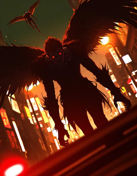 masterpiece, best quality, amazing quality, very aesthetic, absurdres,  <lora:ryuk-death_note-IL-noob:1> sh1n1gam1, demon,
from below, dutch angle, feathered wings, flying, red eyes, dark city, streetlights, night sky, depth of field, highly detailed, high contrast, film grain, Rim Lighting