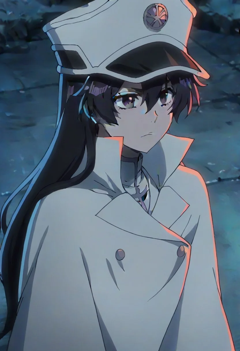source_anime, anime screencap, anime coloring, nsfw, uncensored, <lora:Bambietta_Basterbine:1>Long hair, black hair, hair between eyes, dark purple eyes,, hat, peaked cap, white headwear, white gloves,