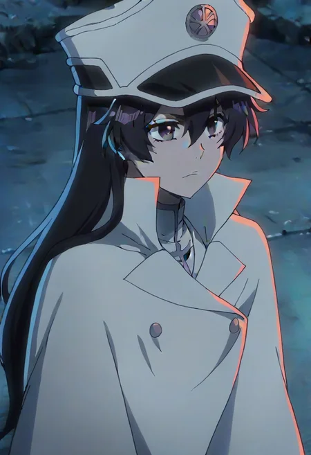 source_anime, anime screencap, anime coloring, nsfw, uncensored, <lora:Bambietta_Basterbine:1>Long hair, black hair, hair between eyes, dark purple eyes,, hat, peaked cap, white headwear, white gloves,