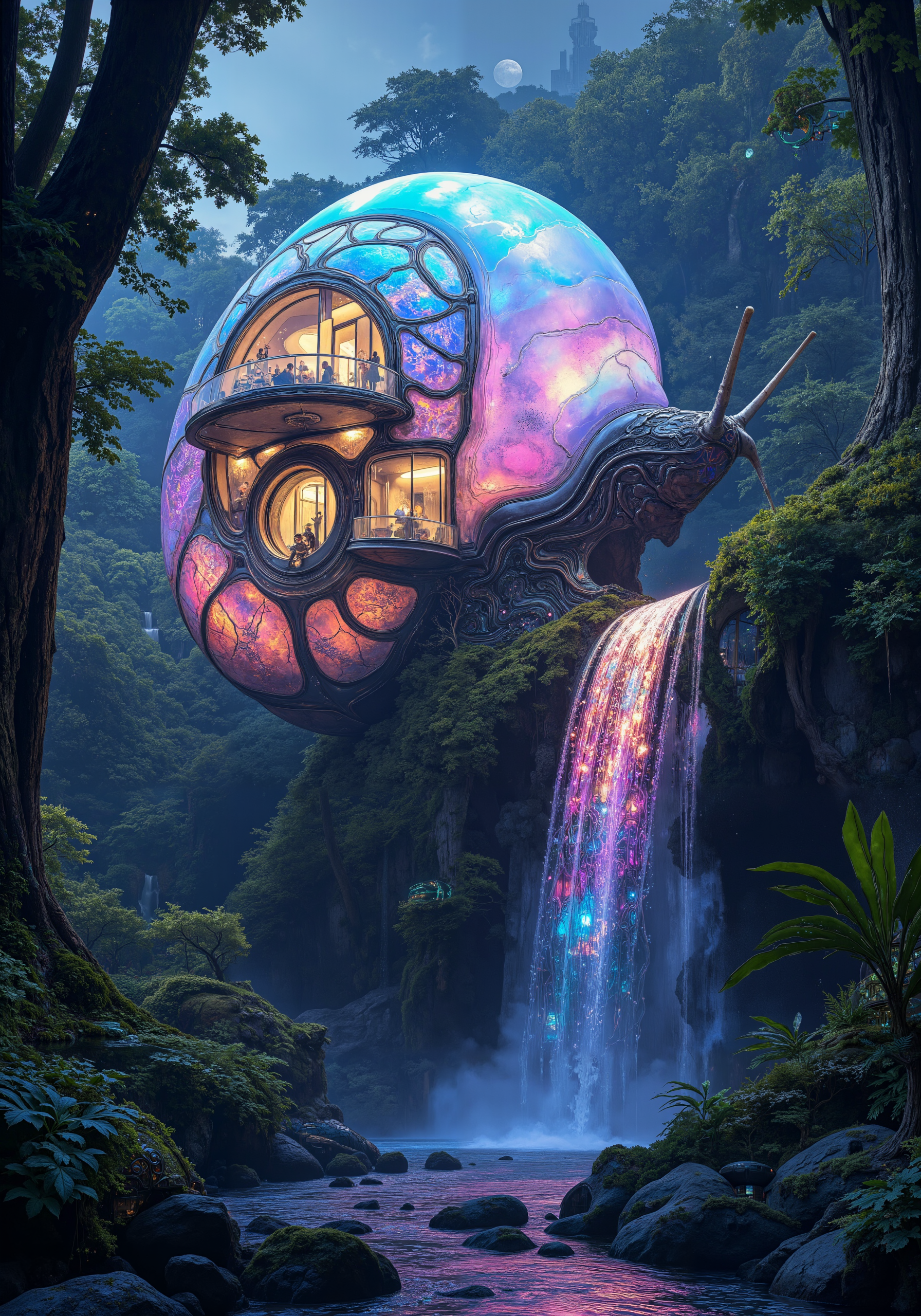 A surreal architectural marvel: a house seamlessly integrated onto a colossal, luminescent snail shell resting in a twilight forest glade. The dwelling, an 8k masterpiece, boasts organic glass walls and sleek metallic accents, blending harmoniously with natureâs intricate textures of mossy bark and dewy ferns. Iridescent hues and soft moonlight create dramatic, dreamlike shadows across elaborate latticework and graceful curves. A vibrant waterfall cascades nearby, its sparkling droplets merging with ethereal neon glows, while futuristic design meets ancient woodland charm. Detailed, intricate textures, dynamic spatial composition, and a refined surreal atmosphere evoke a sense of wonder and innovative serenity. <lora:CPA:0.5> <lora:Chris_Luka:0.5> <lora:aidmaMJ6.1-FLUX-v0.4:0.5> <lora:flux_dev:1>