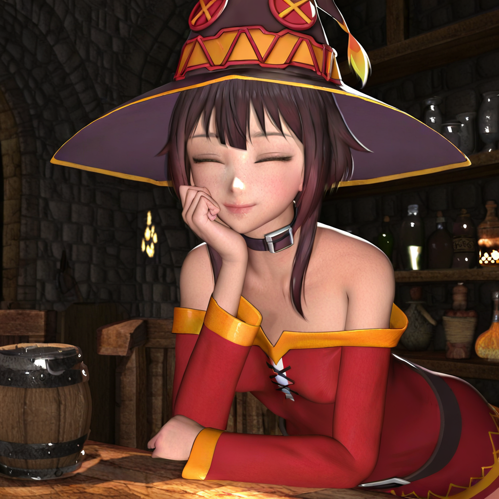 highres, best quality, masterpiece, very aesthetic, newest,anireal,<lora:AnirealIllus:1>, solo, megumin \(konosuba\), brown hair,  happy aura, closed eyes, light smile, in a tavern, realistic,3d , dress, standing, hand on own chin, looking at viewer, leaning forward, witch hat