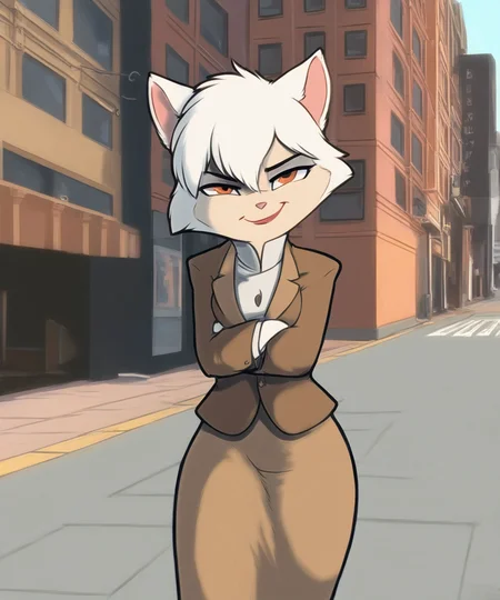 solo, sawyer, female, brown suit, looking at viewer, crossed arms, smirk, street, by sabuky,by koorinezumi,by torakuta, <lora:SawyerXL_01-Noob-nd64-lr2-ep24:1>