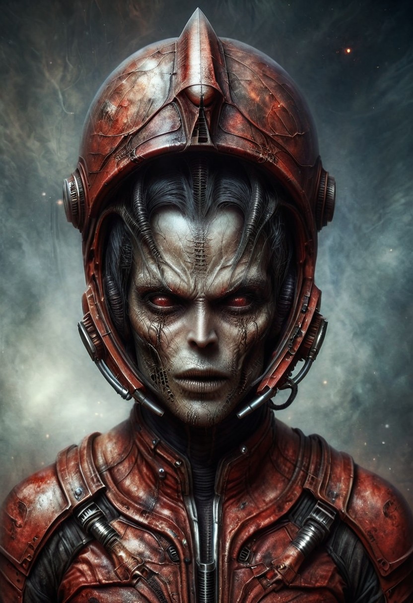 Space warrior portrait oil stains mixed with (((doom sleer))) caste. wearing a Soviet space suit with a red star on the helmet,, H. R. Giger style but depicted as an oil painting  --ar 2:3 --v 5