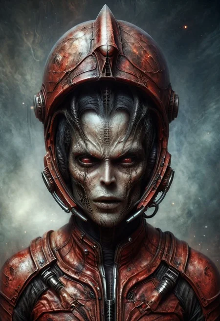 Space warrior portrait oil stains mixed with (((doom sleer))) caste. wearing a Soviet space suit with a red star on the helmet,, H. R. Giger style but depicted as an oil painting --ar 2:3 --v 5