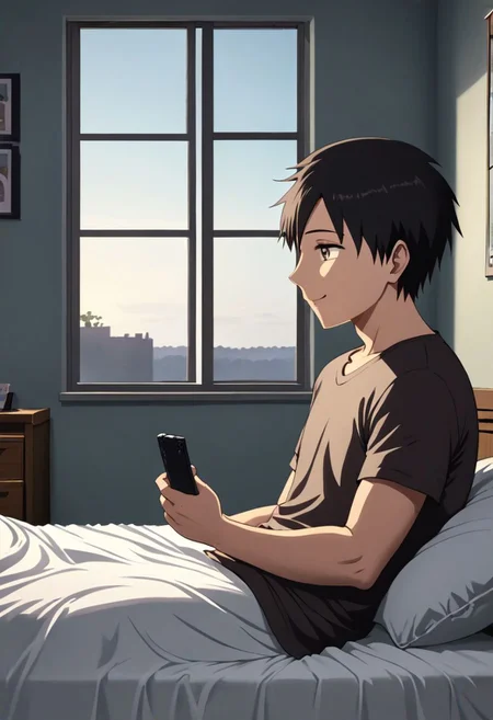 high resolution, solo, best quality, 1Boy, Takaki Toono, Brownish Hair, Brown Eyes, holding smartphone, t-shirt, on the bed, sunny day, window, smile, open eyes, side view, sit, nap, indoor, bed room, OverallDetail