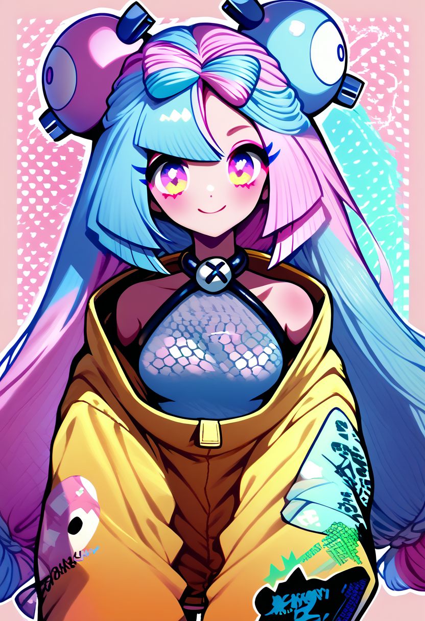 score_9, score_8_up, score_8, medium breasts, (curvy), cute, eyelashes,     pastel, 
BREAK,
zzionopokemon, solo, 1girl,  long hair, pink eyes, blue hair, pink hair, light blue hair, multicolored hair, bow-shaped hair, yellow jacket, sleeves past fingers, single leg pantyhose, thigh strap, 
smile, cowboy shot, looking at viewer, 
zPDXL,