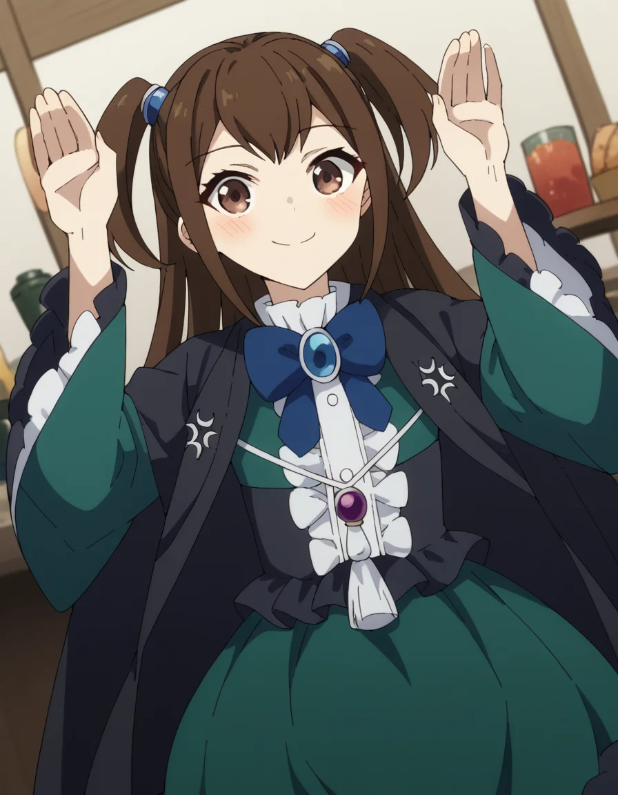 score_9, score_8_up, score_7_up, source_anime, <lora:kizuna-kazayama-s2-ponyxl-lora-nochekaiser:1>, kizuna kazayama, long hair, brown hair, brown eyes, two side up,, long sleeves, dress, bow, frills, wide sleeves, bowtie, cape, blue bow, brooch, green dress, black cape,, restaurant, tables, food, waiters, guests, smile, <lora:rabbit-pose-ponyxl-lora-nochekaiser:1>, rabbit pose, smile, blush,, looking at viewer, solo,, dutch angle, cowboy shot